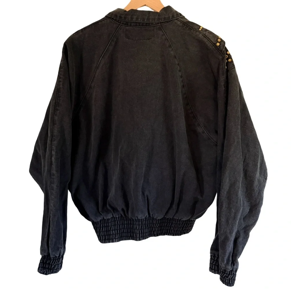 Vintage Boy Blue Studded Black Denim Bomber Jacket Zip Front Statement Coat‎